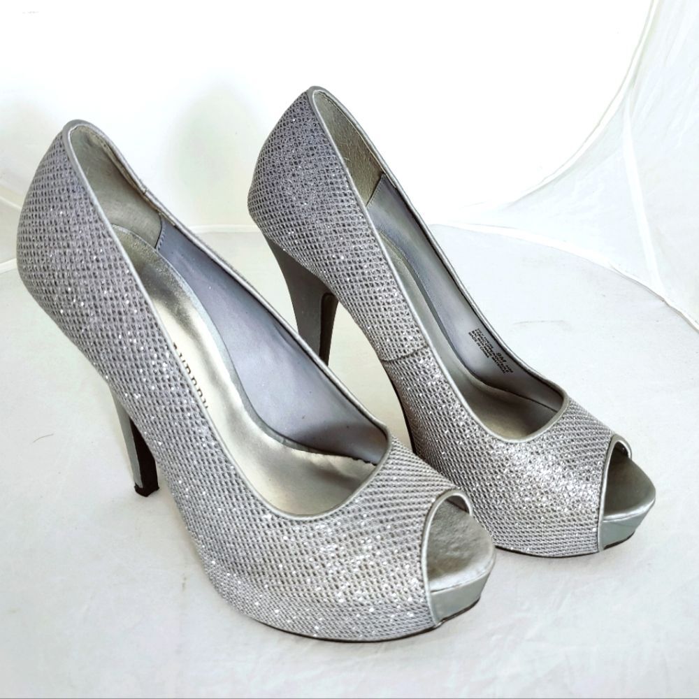 VTG Y2K Chinese Laundry Silver Sparkle Peep Toe Platform Pumps, Size 9